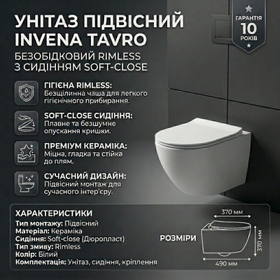 Унітаз підвісний Invena Tavro безобідковий (Rimless) з сидінням Soft-Close, білий Зображення